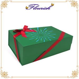 Boîte de surprise de cadeau d'anniversaire de carton rigide vert d'impression d'argent avec la décoration de ruban rouge