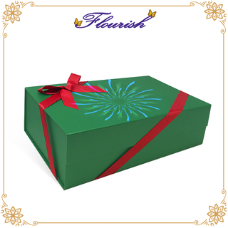 Boîte de surprise de cadeau d'anniversaire de carton rigide vert d'impression d'argent avec la décoration de ruban rouge